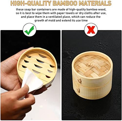 Chengu Natural Bamboo Soap Bar Holder with Lid Soap Dish Drain Foaming Net Shampoo Container Wood Tray Handmade Bamboo Case for Bathroom Shower Kitchen(4 Pcs,5.1 Inch)