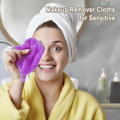 KODAMO Makeup Remover Cloth, Reusable Makeup Remover Pads Washable Travel Bag, Microfiber Makeup Removal Face Wash Cloths with Just Water, 12 Pack/Violet