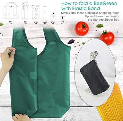 BeeGreen Reusable Bags for Shopping Machine Washable 12 Pack Xlarge Grocery bags Reusable Heavy Duty Folding with Elastic Band Colorful Tote Gift Bags Lightweight Durable Polyester