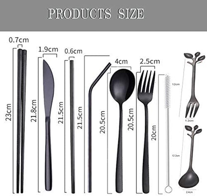 Travel Utensils Set with Case Reusable Stainless Steel Silverware Flatware Set 9 Pcs Portable Cutlery Eating Utensils Set for Lunch Boxes Workplace Camping School, Dishwasher Safe (Black)
