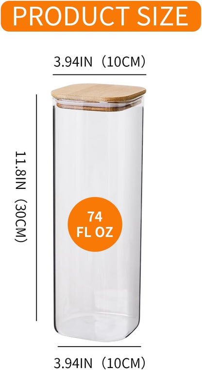 Glass Jars with Bamboo Lids 3 Pack, 74 Oz Airtight Square Storage Container, High Borosilicate Glass Kitchen Canisters for Soild food, Nuts/Cookies/Sugar/Pasta