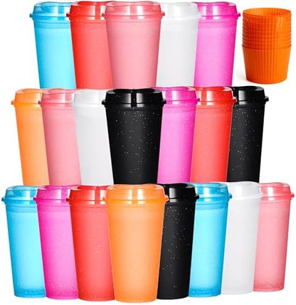 16 oz Plastic Tumblers with Lids, Glitter Coffee, 20 Pack