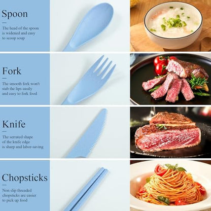 DISSKNIC Green Travel Utensils with Case, Reusable Utensil Sets for Lunch Box, Chopsticks Reusable Plastic Utensils Lunch Box Accessories for Adults,Portable Utensils Set with Case,Camping Accessories