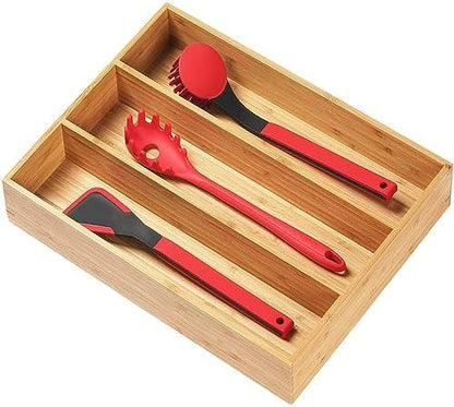 Umilife Bamboo Kitchen Utensils Organizer, 13 Inch Drawer Dividers for Silverware, Extra Deep Holder, with Non-Slip Feet, Wood Caddy for Flatware Cutlery