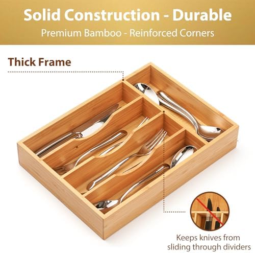 Umilife Kitchen Drawer Organizer, 10 Inch Silverware Utensil Tray Holder, Extra Deep, with Non-Slip Feet & Grooved Drawer Divider, 5 Slots Total Bamboo Wood Caddy for Flatware Cutlery Knives