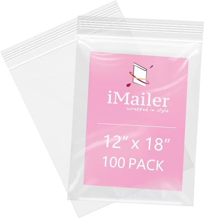 iMailer - 100 Pcs- 12" x 18" Reclosable Plastic Zip Poly Bags 2 Mil - Clear Zip Bag for Clothing, T-Shirts, Pants