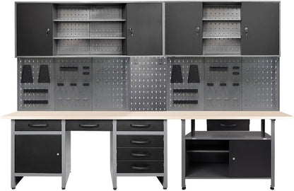JZD Metal Storage Organization System, Wall Mount Tool Cabinets, Wood Tabletop, for Garage Basement