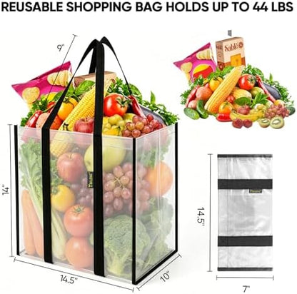 BALEINE 4 PK Grocery Bags Reusable Shopping Bags with Reinforced Bottom, Heavy Duty Foldable Tote Bags (Transparent)