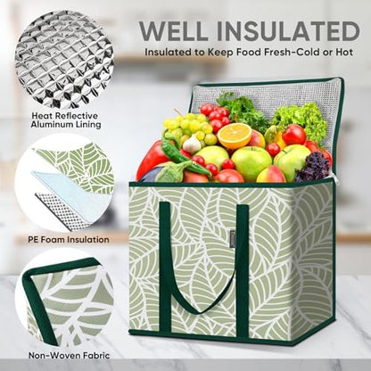 BALEINE 2Pk Insulated Reusable Grocery Bags, Collapsible Cooler Bag for Groceries, Heavy Duty Large Insulated Bag (16''x9''x13'', Antique Foliage) (Pack of 3)