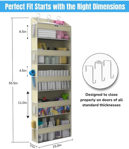 Over the Door Organizer with 5 Large Pockets & 10 Mesh Side Pockets – Durable Hanging Storage for Closet, Bathroom, Bedroom, and Nursery– Space Saving Door Storage with Sturdy Metal Hooks.