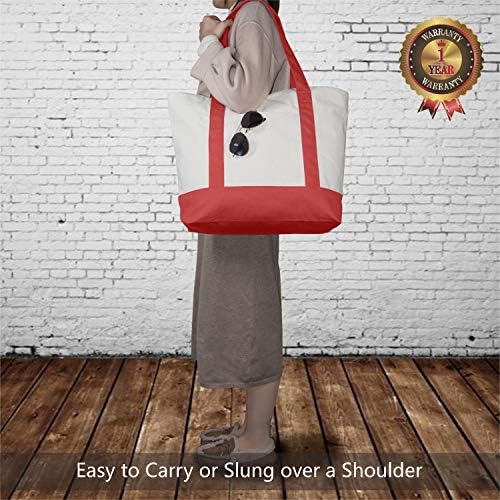 TOPDesign 6-Pack Canvas Tote Bags with an External Pocket, Reusable Grocery Shopping Bags, Top Zipper Closure, Daily Essentials (Red/Natural)