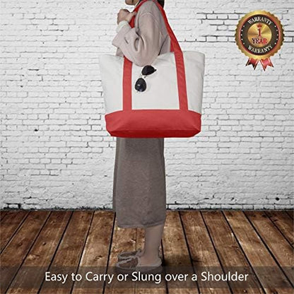 TOPDesign 6-Pack Canvas Tote Bags with an External Pocket, Reusable Grocery Shopping Bags, Top Zipper Closure, Daily Essentials (Red/Natural)