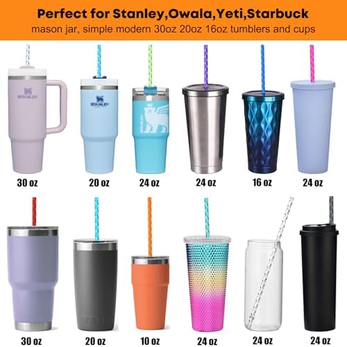 ALINK 12-Pack Reusable Plastic Clear Swirl Straws, 11" Long Hard Tumbler Replacement Drinking Straws for 16 OZ 20 OZ 30 OZ Stanley, YETI, Starbucks Tumblers with Cleaning Brush