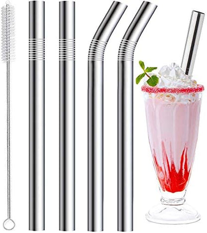 Vinaco 4 Pack 0.4" Wide Bore Reusable Stainless Steel Metal Smoothie Straws