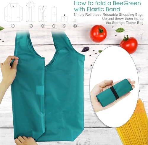 BeeGreen Marrs Reusable Grocery Bags Wholesale Green Reusable Kitchen Bags Bulk Foldable-Machine Washable with Zipper Storage Pouch 50 Packs