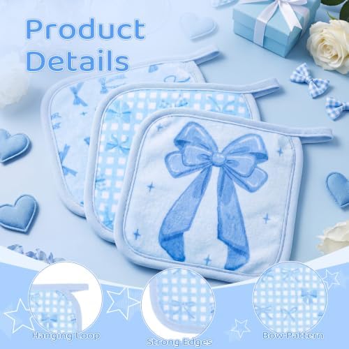 24 Pcs Blue Bow Party Favor Makeup Remover Cloth 6" x 6" Towels Reusable Coquette Blue Bow Remover Face Pads Soft Microfiber Washcloths Facial Cloths Makeup Towel Gift for Women