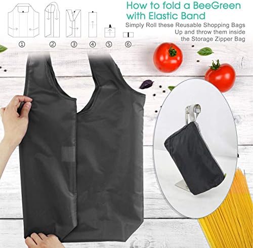 BeeGreen Black Reusable Grocery Bags Wholesale Dark Reusable Kitchen Bags Bulk Foldable-Machine Washable with Zipper Storage Pouch 50 Packs