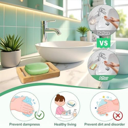 Wooden Soap Dish, Bamboo Soap Holder for Shower 2 Pack, Self Draining Tray