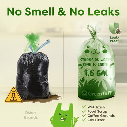 1.6 Gallon Compostable Trash Bags for Bathroom (50 Count) — Small Food Scrap & Bathroom Bin Liners — Thick 0.7 Mil Leak-Resistant Plant-Based Bags — ASTM D6400 BPI Certified