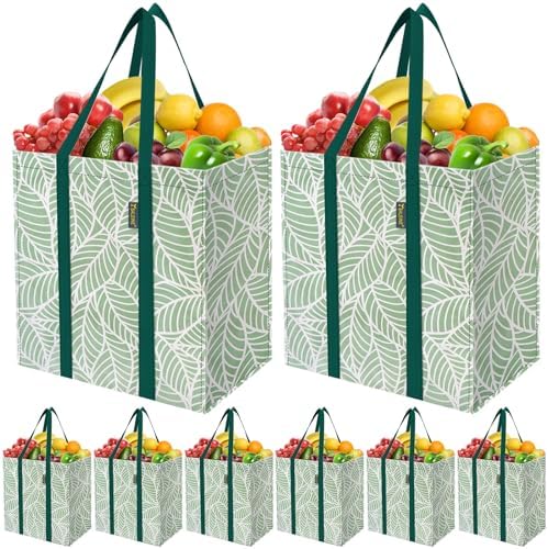 BALEINE 8 PK Grocery Bags Reusable Shopping Bags with Reinforced Bottom, Heavy Duty Foldable Tote Bags (Antique Folidage)