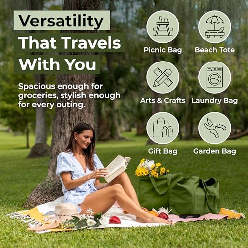 VeraMia Canvas Grocery Bag 3pc XL Set with Real Pockets, Long Shoulder Strap and Short Handle. Heavy Duty, Foldable, Washable