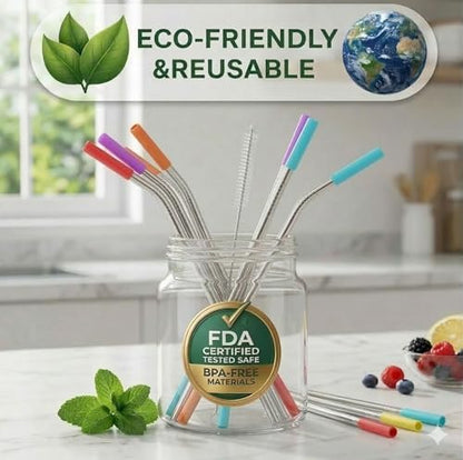StrawExpert Set of 16 Reusable Stainless Steel Straws with Travel Case Cleaning Brush Silicone Tips Eco Friendly Extra Long Metal Straws Drinking for 20 24 30 oz Tumbler, Silver