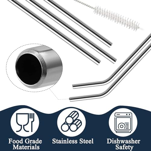 12 Pack of Reusable Stainless Steel Metal Straws, 3 Straight + 3 Bent 10.5 Inch and 3 Straight + 3 Bent 8.5 Inch Metal Straws with 2 Cleaning Brushes for 20 24 30 oz Tumbler Dishwasher Safef