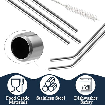 12 Pack of Reusable Stainless Steel Metal Straws, 3 Straight + 3 Bent 10.5 Inch and 3 Straight + 3 Bent 8.5 Inch Metal Straws with 2 Cleaning Brushes for 20 24 30 oz Tumbler Dishwasher Safef