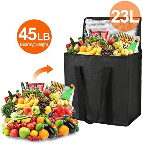 Bodaon 2-Pack Insulated Reusable Grocery Shopping Bags, Medium, Black,