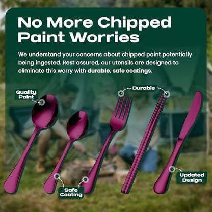 Taplord Portable Travel Silverware Set With Case, Includes 5 Pcs of Travel Utensils With Case, Stainless Steel Flatware Set For Camping, Easy to Travel, Lightweight (Purple), Medium, TL-05P