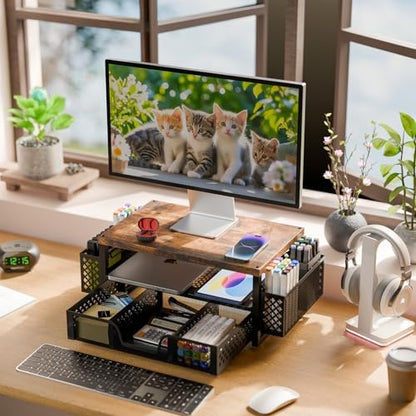 Simple Trending Monitor Stand with Drawer, 2-Tier Laptop Stand, Wood