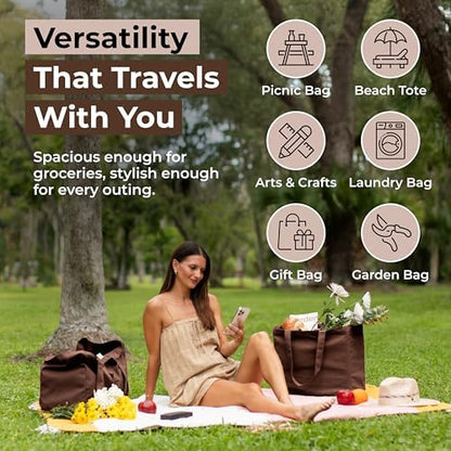 VeraMia Canvas Grocery Bag 3pc XL Set with Real Pockets, Long Shoulder Strap and Short Handle. Heavy Duty, Foldable, Washable