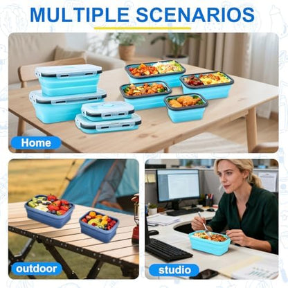 Collapsible Silicone Food Storage Containers 4 Set Airtight Leak Proof Food Containers with Lids Stackable Meal Prep for Microwave Freezer Dishwasher for Kitchen Camping Office Blue