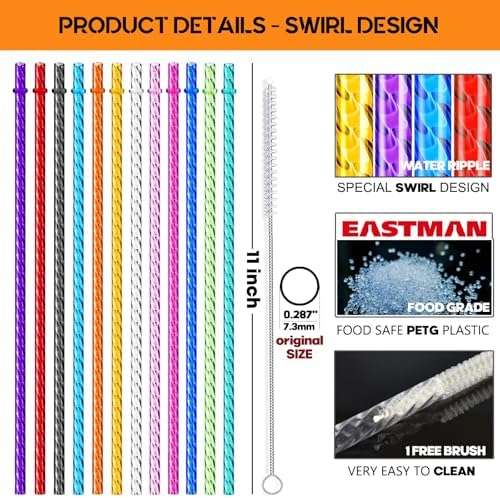 ALINK 12-Pack Reusable Plastic Clear Swirl Straws, 11" Long Hard Tumbler Replacement Drinking Straws for 16 OZ 20 OZ 30 OZ Stanley, YETI, Starbucks Tumblers with Cleaning Brush