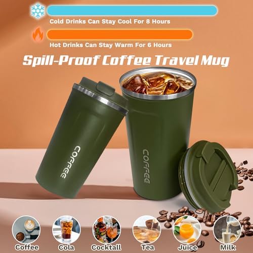 SPLMIFA Travel coffee mugs leak-proof, reusable coffee cups with lids, stainless steel vacuum insulated coffee tumblers, thermal insulation cups for men & women keep drinks hot & cold(2nd-Green, 12OZ)