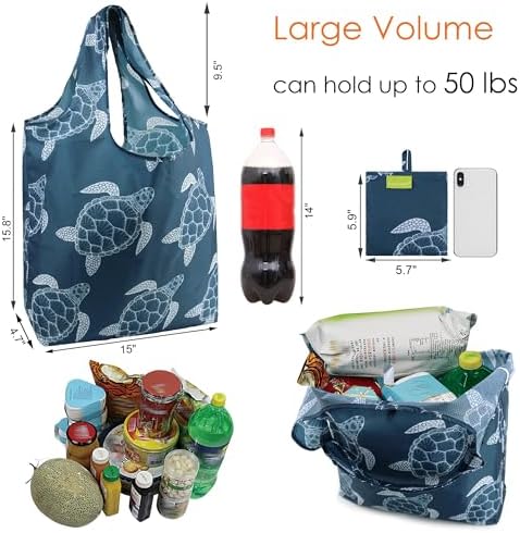 BeeGreen Sea Turtle Reusable Grocery Bags Large Tote Bag With Handles, Bulk Gift Foldable Shopping Bags for Women 6 Pack, Cute Cloth Bag, Heavy Duty, Washable For Beach, Holiday, Travel And Groceries
