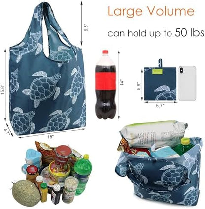 BeeGreen Sea Turtle Reusable Grocery Bags Large Tote Bag With Handles, Bulk Gift Foldable Shopping Bags for Women 6 Pack, Cute Cloth Bag, Heavy Duty, Washable For Beach, Holiday, Travel And Groceries