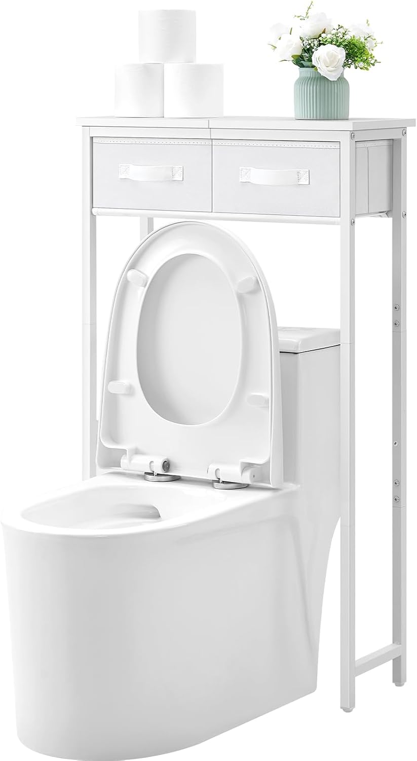 MOHOPE 2-Tier Over The Toilet Storage with 2 Fabric Drawers, Freestanding Above The Toilet Storage Cabinet, Space Saver Metal Over Toilet Bathroom Organizer Shelf for Small Space, White