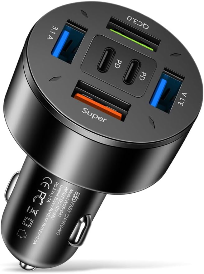 66W Multi-Port USB C Car Phone Charger, 6 in 1 Super Fast Charging Cigarette Lighter USB Charger for iPhone 16 15 14 13 12 11/Android/Samsung/iPad Pro and More (Black)