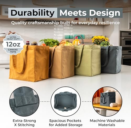 VeraMia Canvas Grocery Bag 3pc XL Set with Real Pockets, Long Shoulder Strap and Short Handle. Heavy Duty, Foldable, Washable