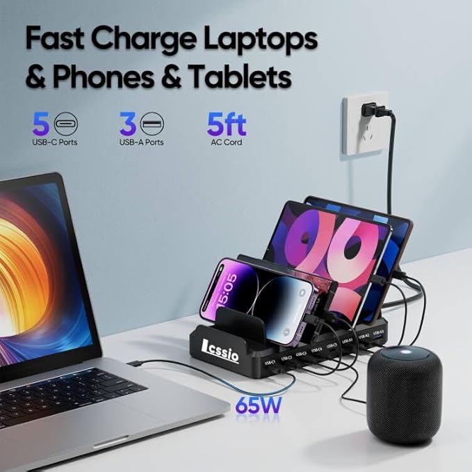 300W Charging Station for Multiple Devices, 8 Port Multi USB C Fast Charger