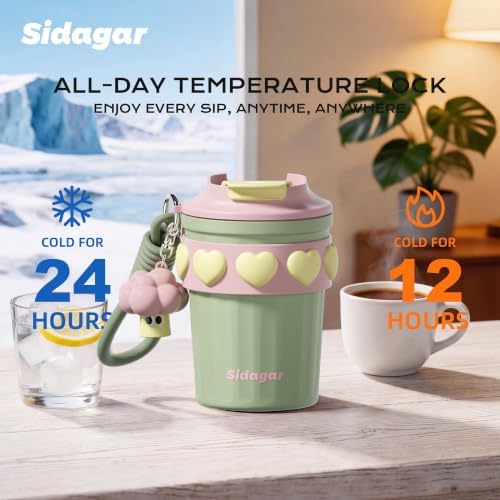 12 oz Insulated Coffee Tumbler with Lid, Cute Travel Mug, Green