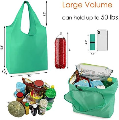 BeeGreen Groceries Reusable Bags for Shopping Compact Cute Solid Color Cloth Grocery Totes Set of 12 Fold up Packable Recycling Shopper Baggies w Zipper Carry Pouch for Supermarket