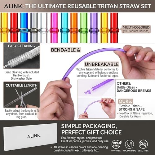 ALINK 10.5" Plastic Reusable Straws, 10 Pack Colorful Tritan Tumbler Straws