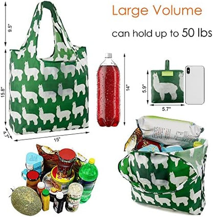 BeeGreen Animal Reusable Shopping Bags Cute Grocery Bag 6 Pack, Christmas Gift Bags Heavy-Duty Foldable Shopping Totes for Supermarket, Work & Travel, Large Washable Polyester Tote Bag with Handles