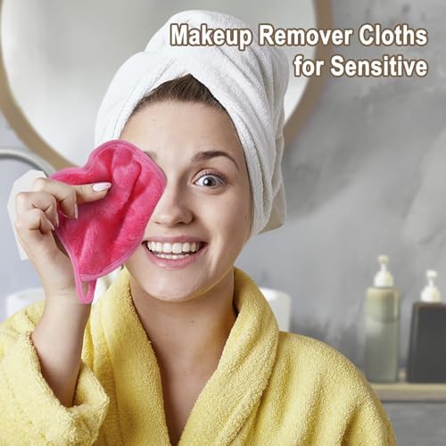 KODAMO Makeup Remover Cloth, 12 Pack Reusable Makeup Remover Towels with Washable Travel Bag, Microfiber Face Wash Cloths for Women All Skin Types, Coral/Pink/Green/Grey