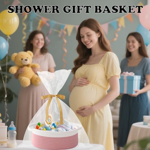 Woven Rope Basket - Baby Gift Basket with Bag & Ribbon, White&Pink