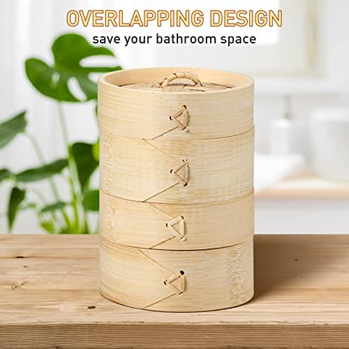 Chengu Natural Bamboo Soap Bar Holder with Lid Soap Dish Drain Foaming Net Shampoo Container Wood Tray Handmade Bamboo Case for Bathroom Shower Kitchen(4 Pcs,5.1 Inch)