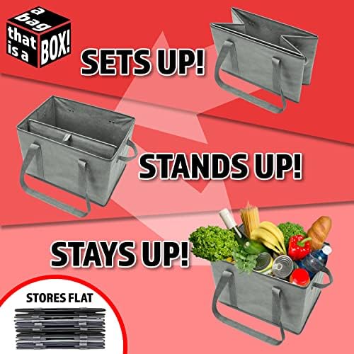 BAG-THAT! 4pk Reusable Grocery Bags Shopping Bags Tote Box Large Heavy Duty Groceries Bag Handles Foldable Reinforced Bottom (Gray)