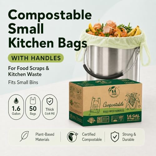 UNNI 1.6 Gallon Compostable Bags with Easy-Tie Handles, 6 Liter, 50 Count